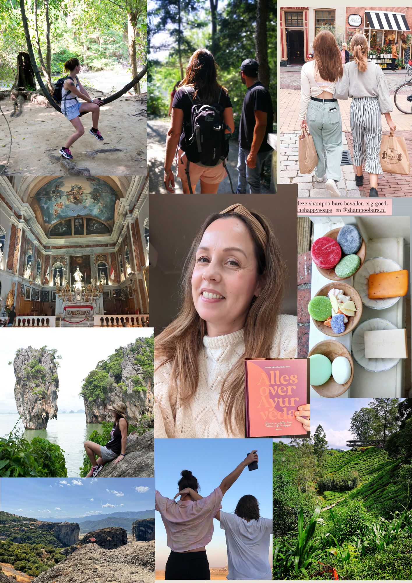 Foto van een vrouw in het midden en er omheen foto's van reizen, zeep, kerk, natuur, kinderen en man