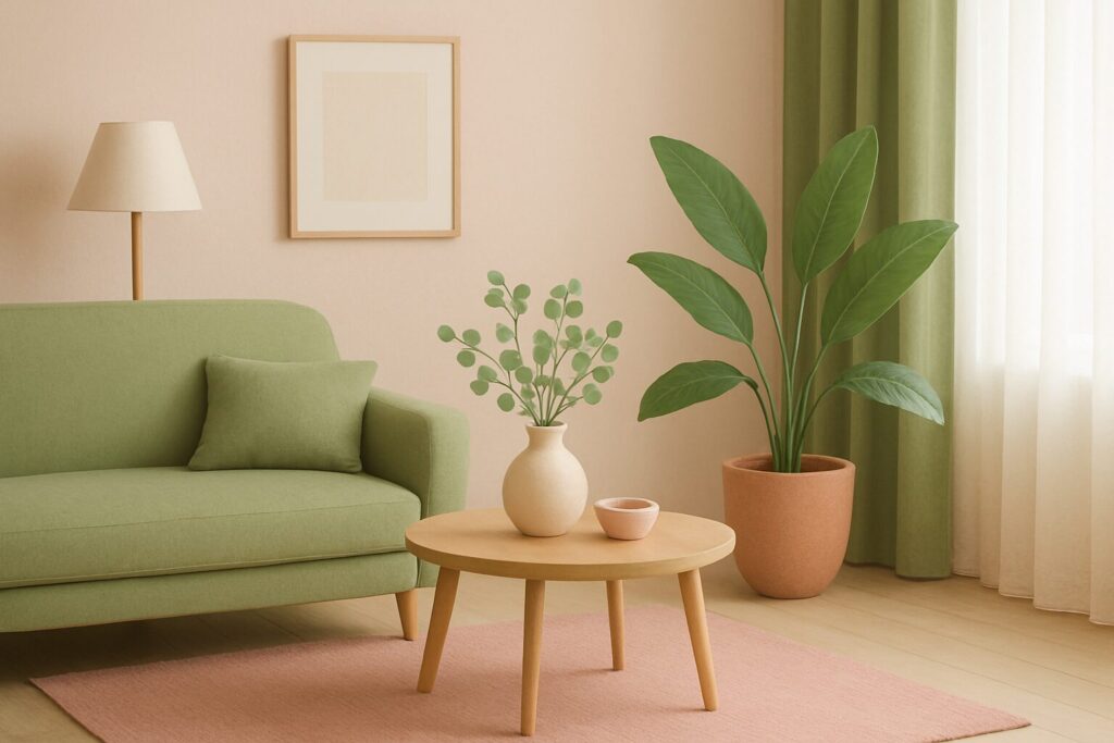 Huiskamer met bank, planten en tafel.