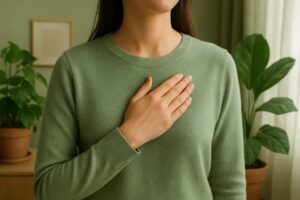 Persoon met hand op het hart, in een huiskamer met planten.