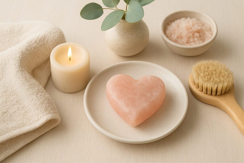 Zelfzorg met handdoek, borstel, kaars, plant en een zeep in de vorm van een hart.